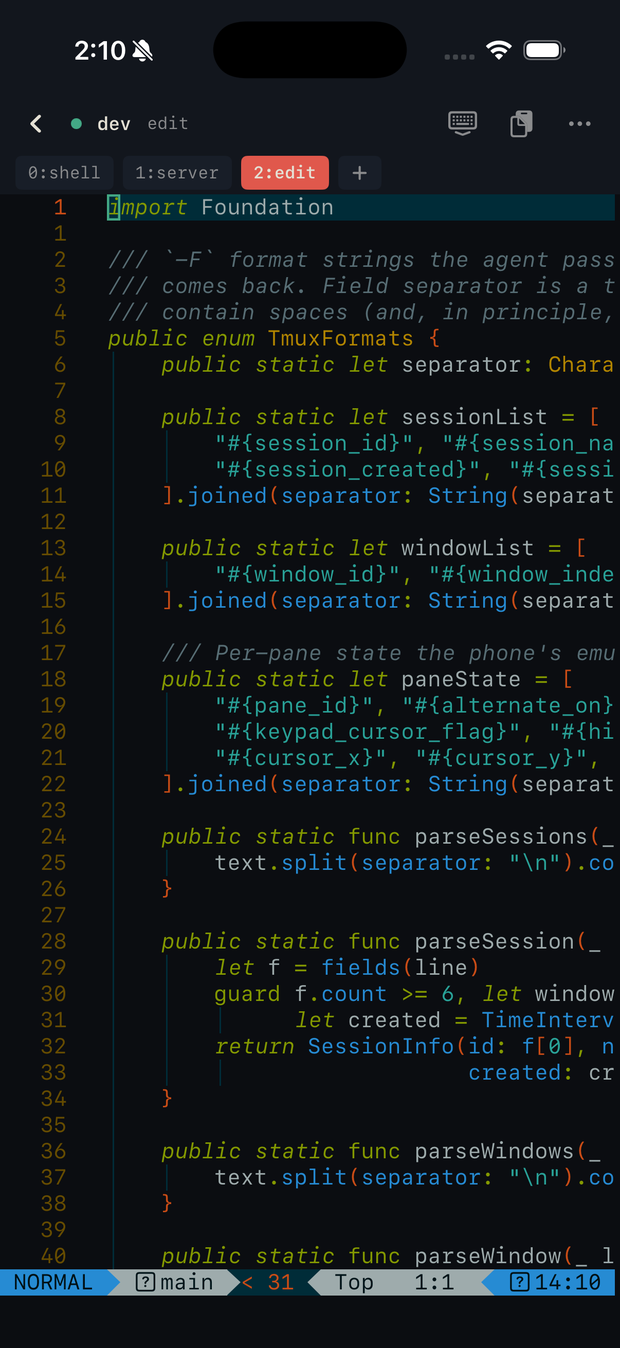 Neovim running inside a tmux window, rendered on the iPhone with syntax colours, line numbers and the window strip above it.