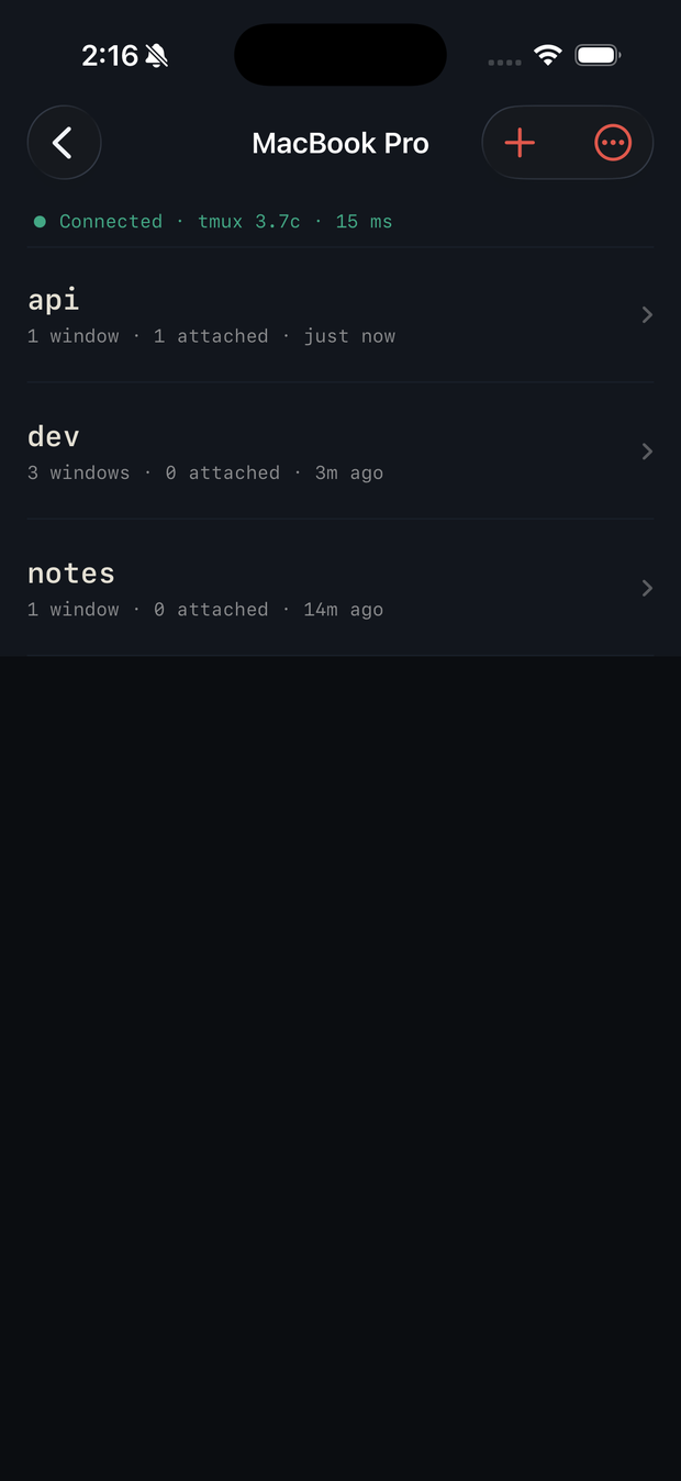 The Sessions screen on iPhone: connected, tmux 3.7c, 15 ms round-trip, and three sessions — api, dev and notes — with window and client counts.