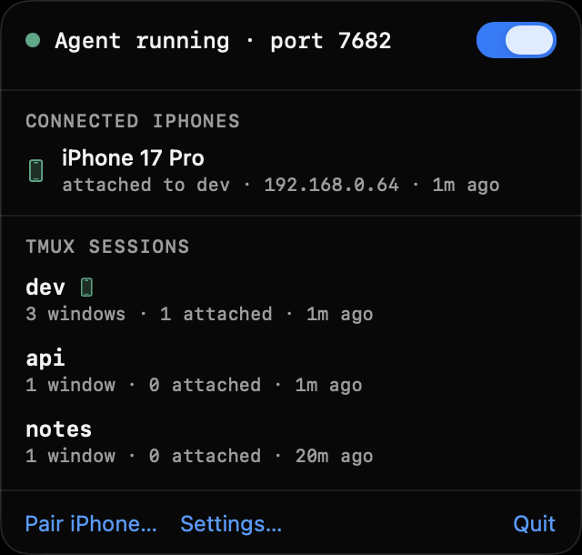 The PocketTmux menu-bar panel: agent running on port 7682, one connected iPhone attached to the dev session, and the Mac's live tmux sessions.