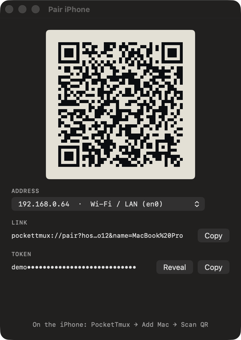 The Pair iPhone window: a QR code, an address picker set to the Tailscale address, the pairing link and a masked token.